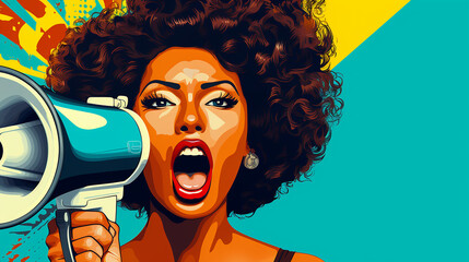 garota africana pop art com megafone - obrazy, fototapety, plakaty