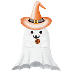 Halloween White Ghost wear a witch hat Watercolor.