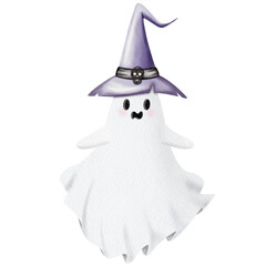 Halloween White Ghost wear a witch hat Watercolor.