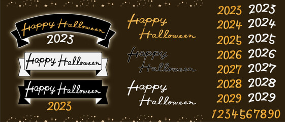 Happy Halloween 2023~2029と数字の手書き文字とリボンのあしらい - obrazy, fototapety, plakaty