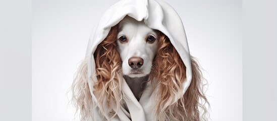 Curly haired dog under drying hood at hairdressers isolated on white