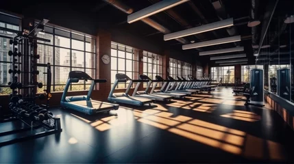 Fototapete Fitness Modern fitness center gym club with a workout room and treadmills.