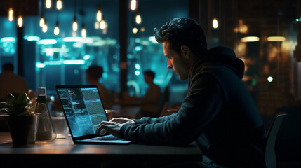 A man, a programmer, is diligently working on his laptop late at night, focusing on tasks related to networking, malware, or software issues within the office environment. Generative Ai - obrazy, fototapety, plakaty