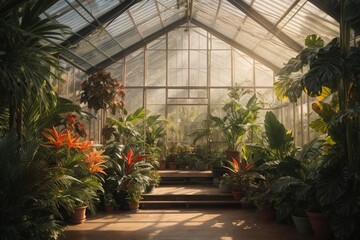 Flower garden in a greenhouse with sunbeams and shadows - obrazy, fototapety, plakaty