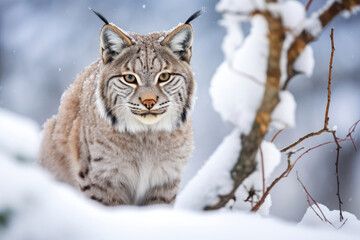 Naklejka na ściany i meble Red lynx in winter in the wild