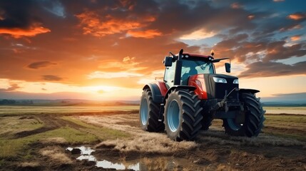 Agricultural tractor working in the field, Tractor in crop field.
