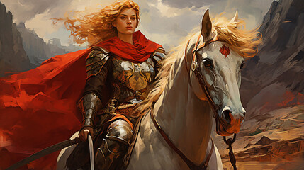 beldade Mulher guerreira com seu cavalo  - obrazy, fototapety, plakaty