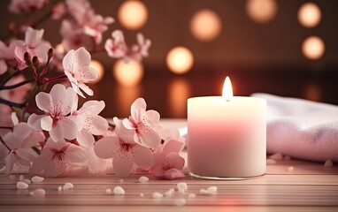 relax spa background in soft lighting, Candle, cherry blossom , petal, aromatherapy, cozy meditation