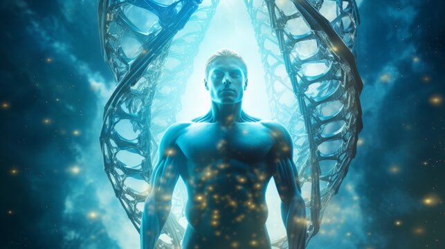 Blue Human DNA Strand Surrounded by DNA Structure, a superhuman in the middle