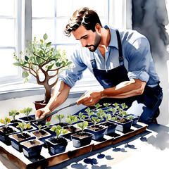 A man plants seedlings in a greenhouse. Watercolor drawing