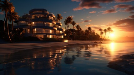 Seaside hotel at sunset, Travel concept.