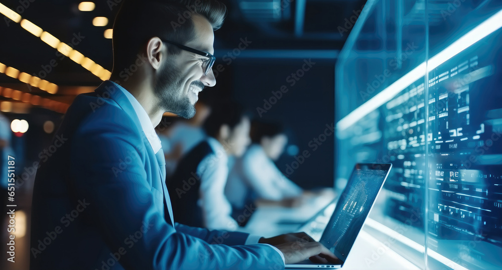 Poster it engineer man working on laptop in server room or data center,
