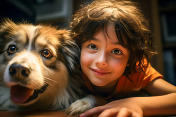 cute little boy hugging his dog, friendship child and dog