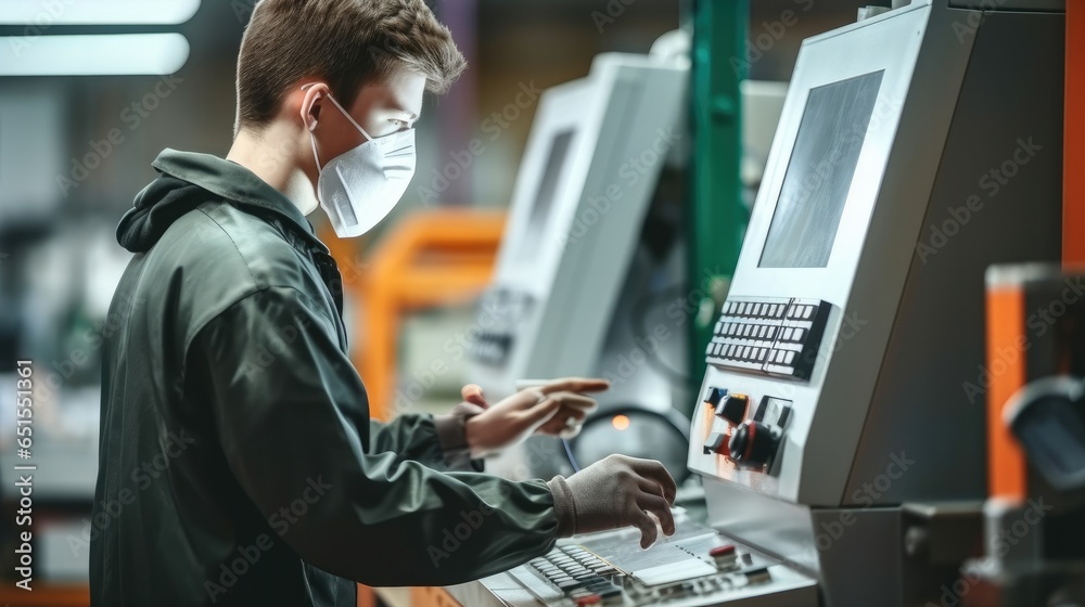 Poster industrial worker doing work with operating cnc machine at metal machining industry factory.