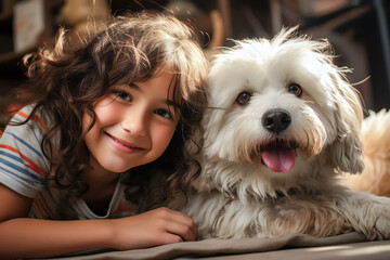 Beautiful little girl hugging her dog, friendship child and dog