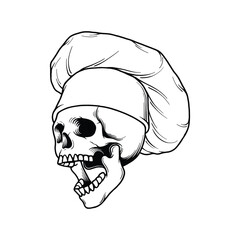 Skull In Chef Hat Hand Drawn Vector Illustration. Design element for shirt design, logo, sign, poster, banner, card