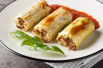 Turkish Dolma Leek Stuffed with Rice and Meat Pirasa Sarma close-up in a plate on the table. Horizontal