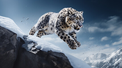 leopardo das neves em pulo de ataque  - obrazy, fototapety, plakaty