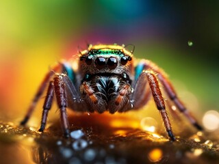 A closeup view of a tiny little spider. Cute, colorful, rainbow colored