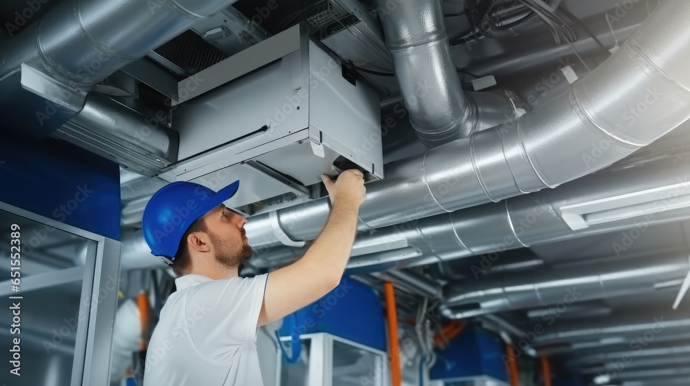 Wall mural technician doing work at system installation ventilation and repair service at factory.