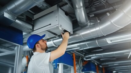 Technician doing work at system installation ventilation and repair service at factory.