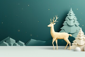 Christmas greeting card. Holiday winter landscape with deer in snowy forest. Paper cut, papercraft, quilling. Sale product banner with copy space - obrazy, fototapety, plakaty