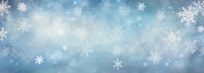 Winter card with blue sky and falling snow, crystallic snowflake. Magical heavy snow flakes backdrop. Sky snowfall banner. Holiday winter background for Christmas and New Year - obrazy, fototapety, plakaty