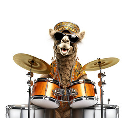 A camel with glasses plays the drums.