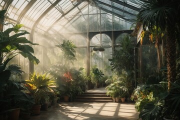 Fototapeta na wymiar Flower garden in a greenhouse with sunbeams and shadows