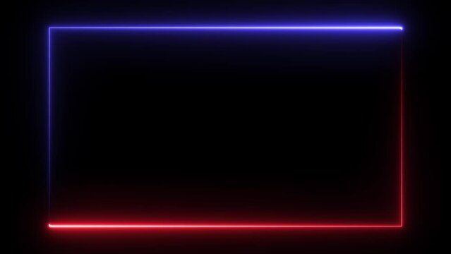 Abstract seamless looped neon frame animation background. Blue purple neon light line running on black. Glowing rectangle frame with empty space for logo or text. Alpha channel included.