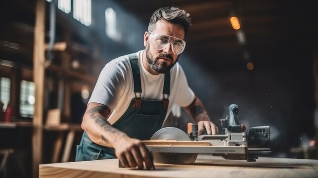 Carpenter work wooden with a milling machine in the workshop.