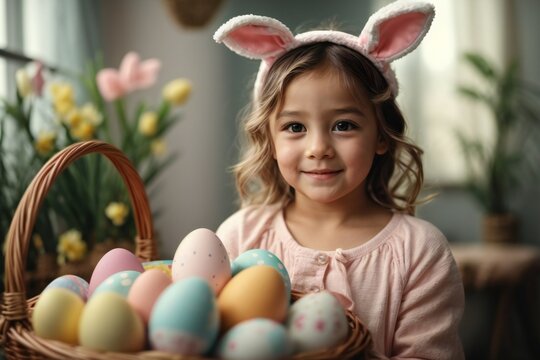 Adorable little girl wearing bunny ears standing with her hunted colorful Easter egg basket