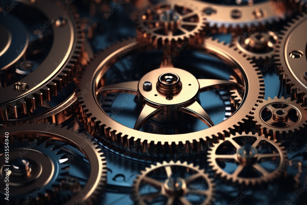 Poster a detailed close up of a bunch of gears. this image can be used to represent mechanics, engineering,