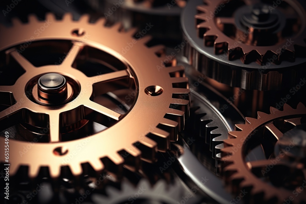 Poster a detailed close-up view of a bunch of gears. this image can be used to depict mechanics, machinery,