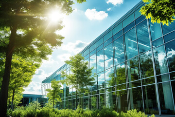 Modern glass windows buildings with surrounded green trees. - obrazy, fototapety, plakaty