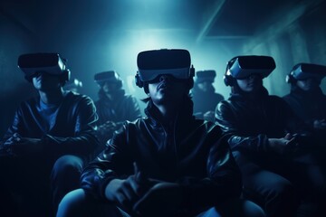 A group of people gathered together, each wearing a virtual reality headset. This image can be used to depict the concept of virtual reality technology and its applications in gaming, education, and t