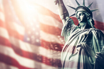 Obraz premium USA flag and statue of liberty in landscape photography with city buildings background.