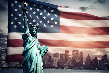 USA flag and statue of liberty in landscape photography with city buildings background.