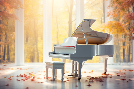 White piano in the forest with sun light background