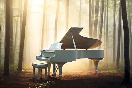 White piano in the forest with sun light background
