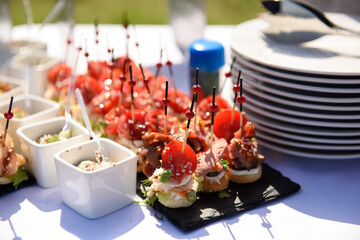 Snacks and canapes and tartlets stuffed in the assortment on the buffet table. The food is varied and appetizing for a banquet.