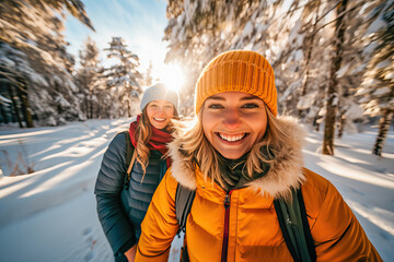 Fototapeta na wymiar Two friends enjoying an excursion through a snowy forest
