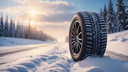 Winter tires provide essential traction on snow-covered roads, ensuring safe and reliable winter driving. - obrazy, fototapety, plakaty