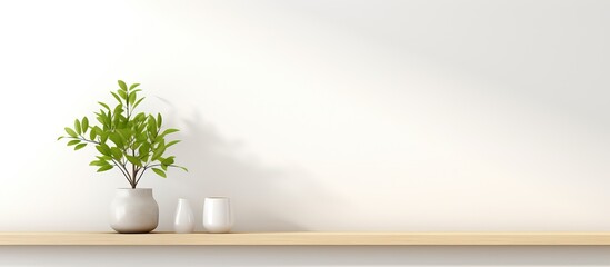 an interior wall mockup with a green tree branch in a vase on a shelf set against an empty white background with free space