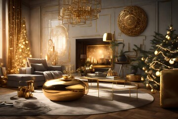 Fototapeta na wymiar Gilded Tranquility: Happy New Year's Serenity in a Cozy Living Room 3D