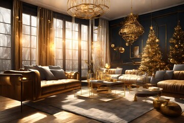 Gilded Tranquility: Happy New Year's Serenity in a Cozy Living Room   3D