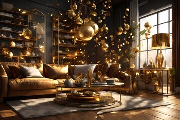 Gilded Tranquility: Happy New Year's Serenity in a Cozy Living Room   3D