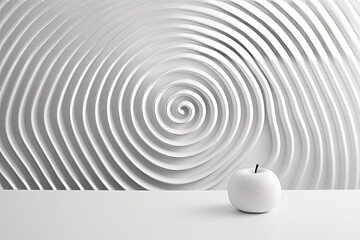 Illustration of a white apple on a white table against a white spiral background - created with Generative AI technology