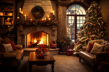 Fototapeta na wymiar A cozy living room with a fireplace, a Christmas tree and gifts 2