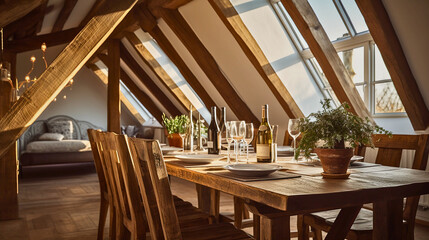 In soft afternoon light, a cozy attic dining room with exposed wooden beams exudes rustic charm, showcasing vintage elegance through the wooden elements.